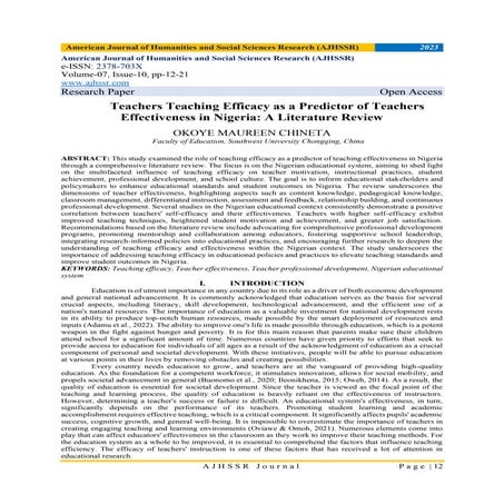 Teachers Teaching Efficacy as a Predictor of Teachers Effectiveness in Nigeri...