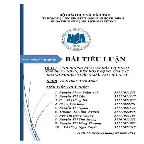 ẢNH HƯỞNG CỦA VĂN HÓA VIỆT NAM  (CẤP ĐỘ CÁ NHÂN) ĐẾN HOẠT ĐỘNG  CỦA CÁC  DOANH NGHIỆP NƯỚC NGOÀI TẠI VIỆT NAM