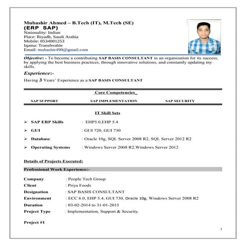 Mubashir Ahmed ERP SAP Basis Consultant Resume with 3 Yr Exp
