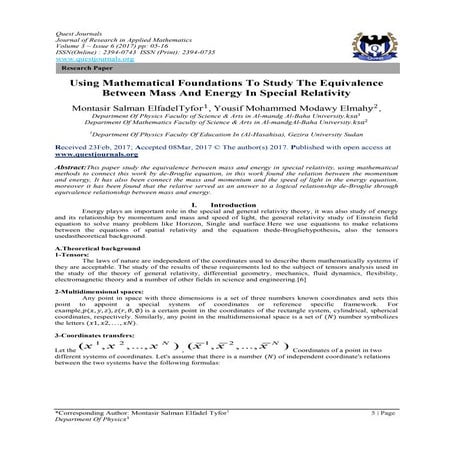Using Mathematical Foundations To Study The Equivalence Between Mass And Ener...