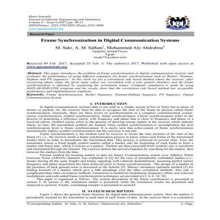 Frame Synchronization in Digital Communication Systems