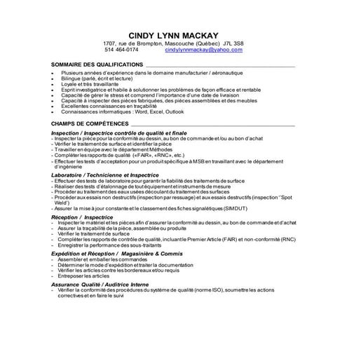Cindy Mackay cv Inspectrice et Magasinière