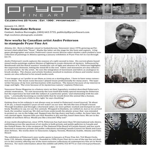 Canadian Artist Andre Petterson Jan 2015 Exhibition at Pryor Fine Art | PDF