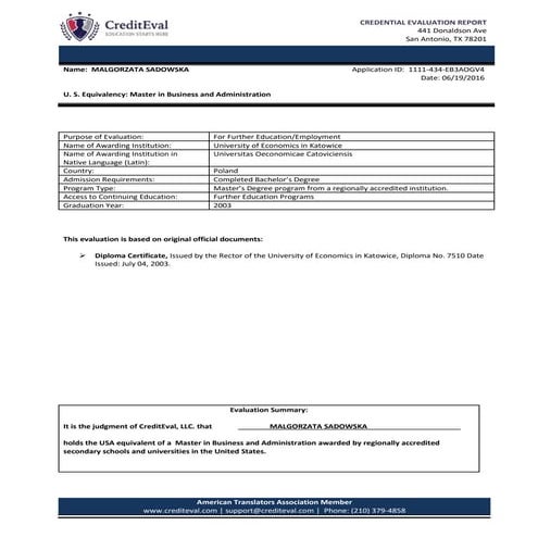 Master. CREDENTIAL EVALUATION REPORT