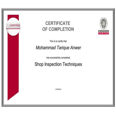 BV Certificate 1 (shop inspection technique) | PDF