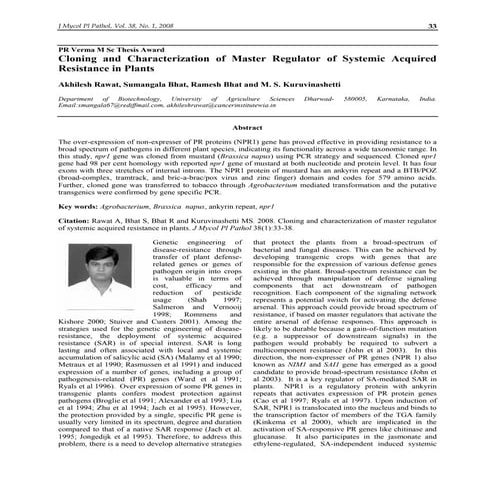 Cloning and Characterization of Master Regulator of Systemic Acquired Resista...