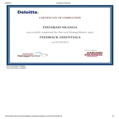 Completion certificate on feed back essentials | PDF