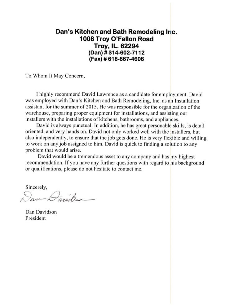 Dan's Kitchen and Bath Remodeling Letter of (1)