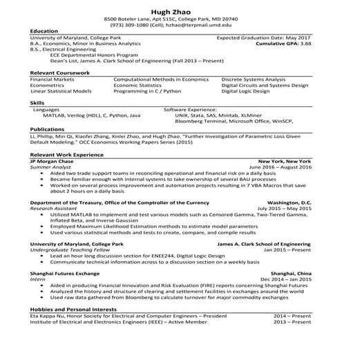 Resume - Hugh Zhao - August 2016