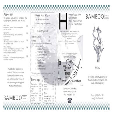 Bamboo Cuisine of Thailand, Menu