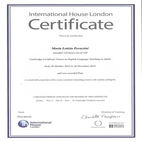 Marialetizia Perazzini CELTA Certificate and reference | PDF