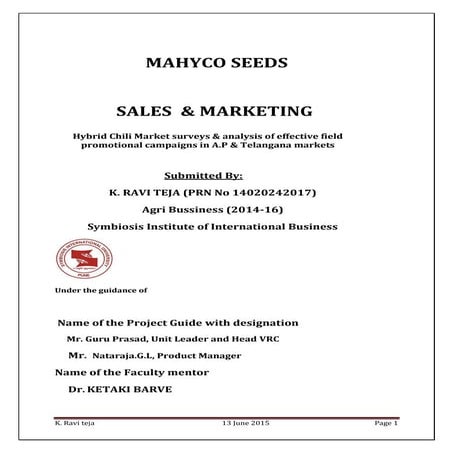 Mahyco Summer intern Report