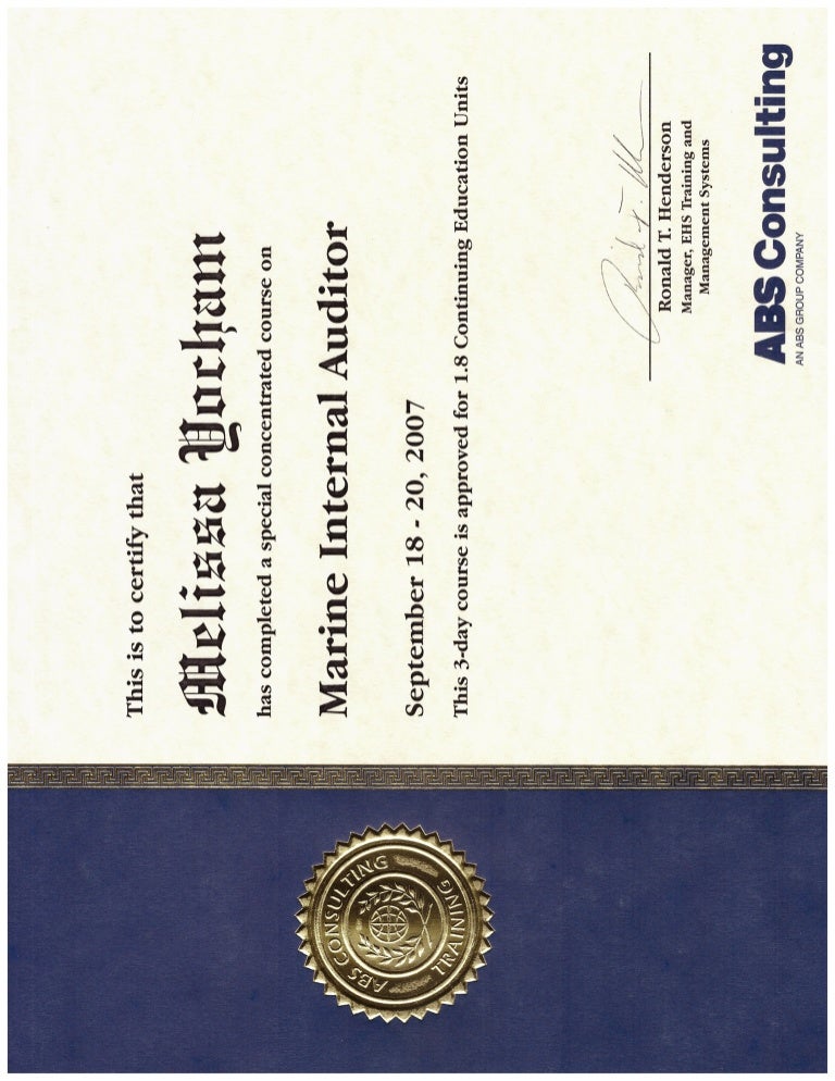 ABS Consulting Marine Internal Auditor Certificate