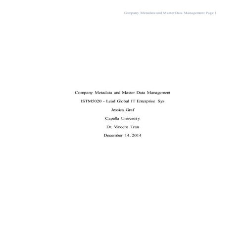 Company Metadata and Master Data Management Unit 9 Assigment 1 Jessica Graf