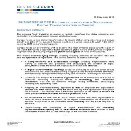 151218 Final BUSINESSEUROPE Recommendations for a digital transformation