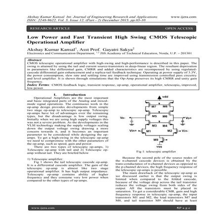 Low Power and Fast Transient High Swing CMOS Telescopic Operational Amplifier