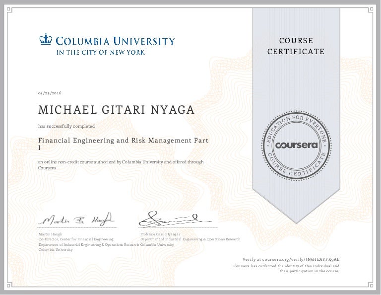 my coursera financial engineering certificate resume sample online