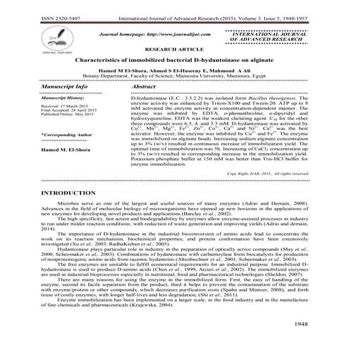 Characteristics of immobilized bacterial D-hydantoinase on alginate