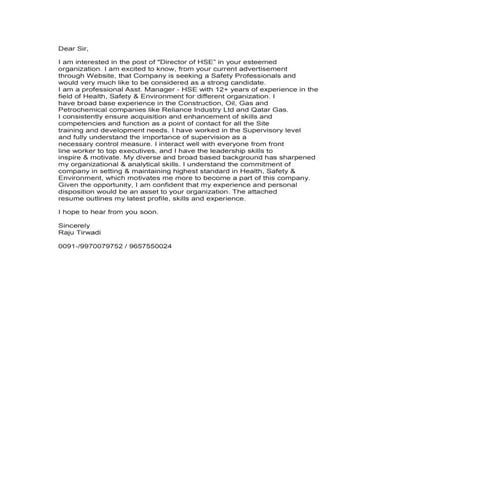 Cover Letter - HSE