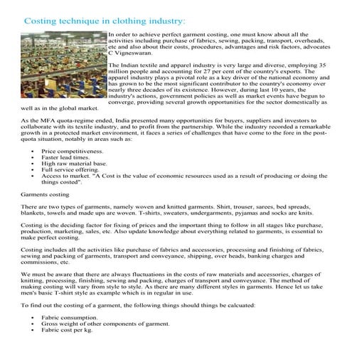 Costing technique in clothing industry