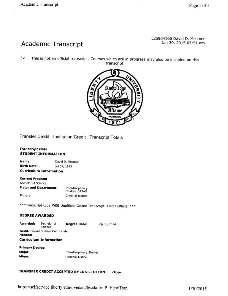 Mesmer Liberty University Transcript
