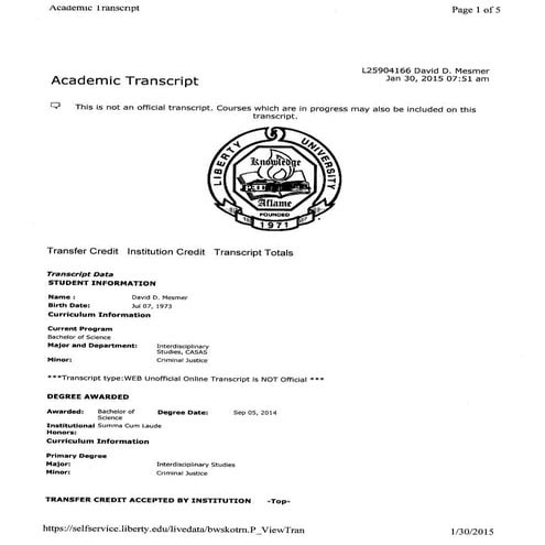 Mesmer -Liberty University Transcript | PDF