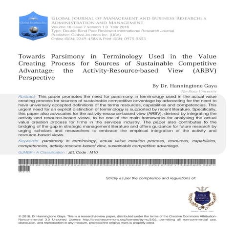 TOWARDS PARSIMONY IN TERMINOLOGY USED IN THE VALUE CREATING PROCESS FOR SOURCES OF SUSTAINABLE COMPETITIVE ADVANTAGETHE ACTIVITY-