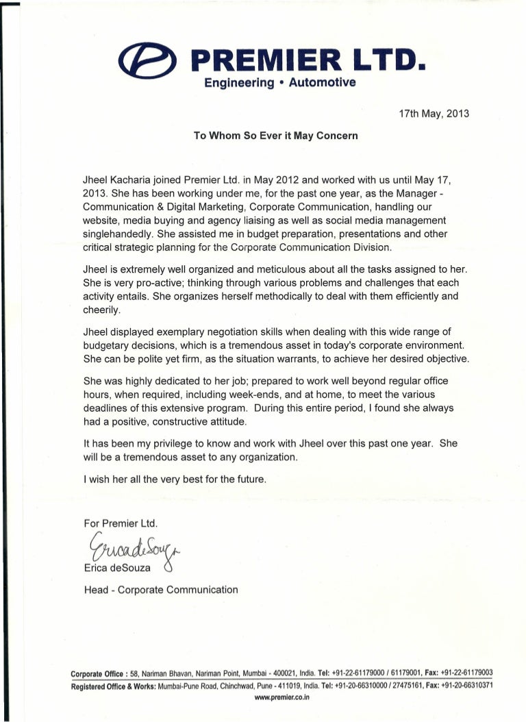 Premier Ltd. Experience certificate