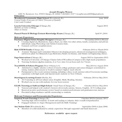 Joseph Watson Arts and Teaching Resume 4-1-16