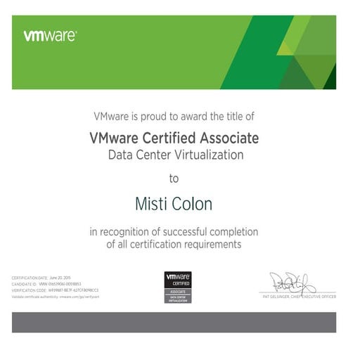VMWARE CERTIFIED ASSOCIATE JUNE 2015
