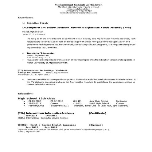Sohrab Zarbafiyan new resume 2015