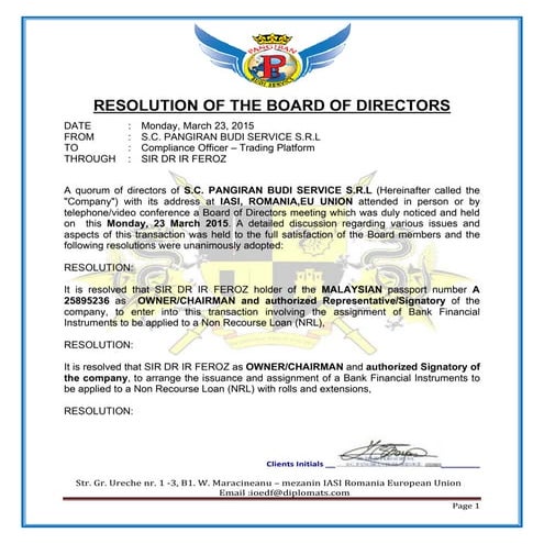 RESOLUTION OF THE BOARD OF DIRECTORS