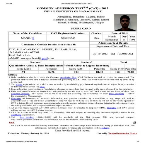 cat result score card