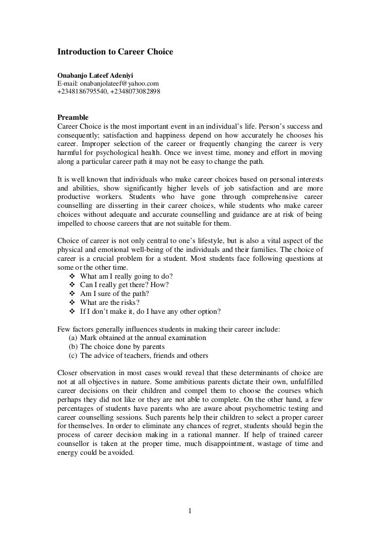 Introduction To Career Choice