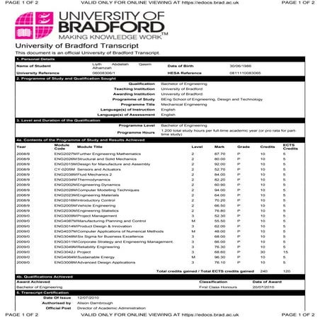 University of Bradford transcripts - LAITH ALHAMZAH year 2,3(1)