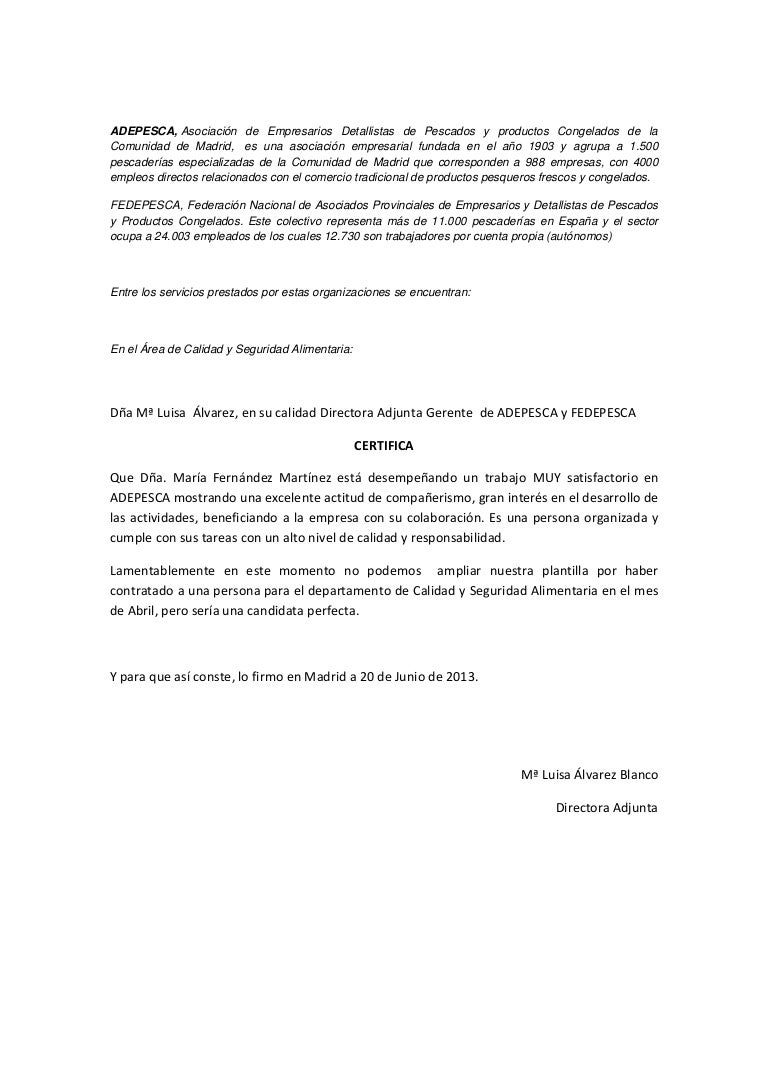 Carta de recomendación ADEPESCA a María Fernández