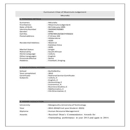 Curriculum Vitae of Nkazimulo Judgement