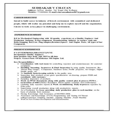 Sudhakar new experience cv