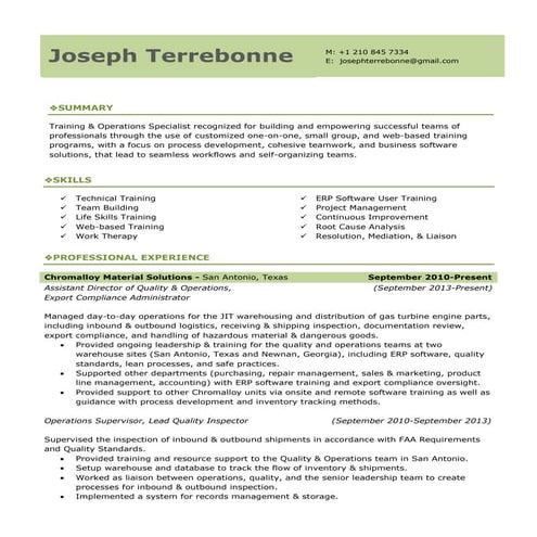 Resume (Training & Operations Specialist) - Terrebonne 2015
