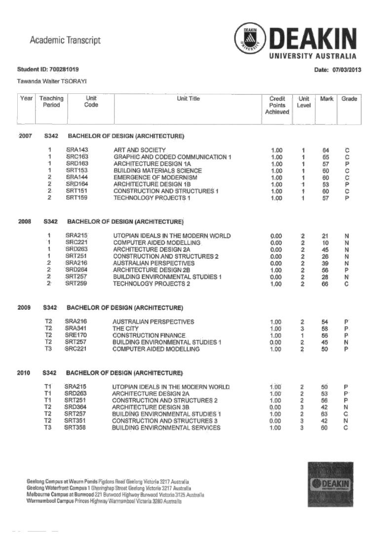 Deakin University Transcript of Results