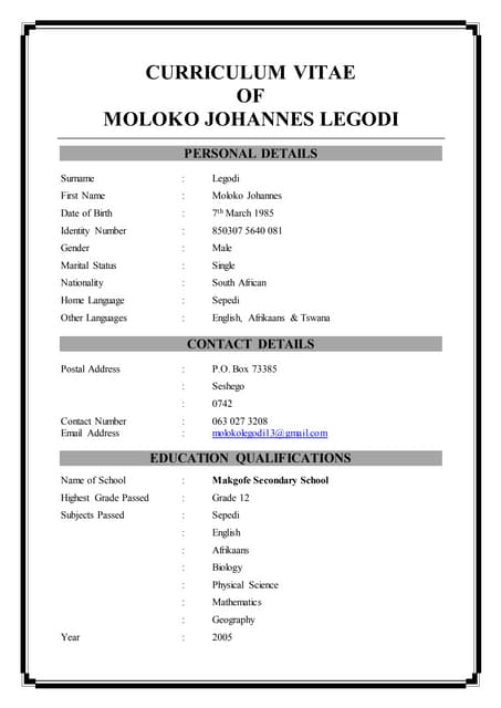 CURRICULUM VITAE. afrikaans docx | PDF