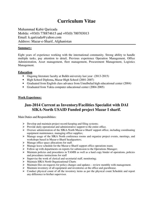 Microsoft Word - Mohammad Kabir Qarizada CV 12 April 2015