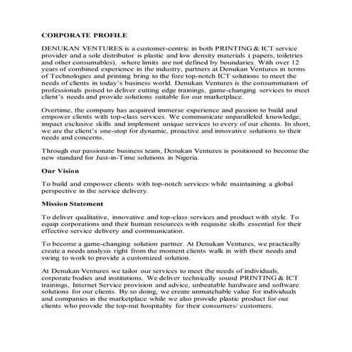 DENUKAN VENTURES CORPORATE PROFILE