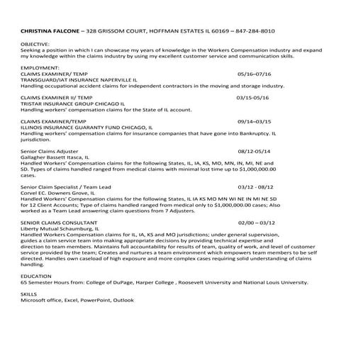 Resume Sample - Workers Compensation Claims | DOCX