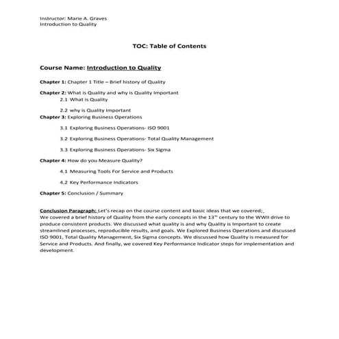 Course outline Introduction to Quality