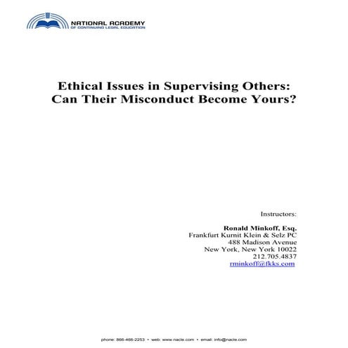 CLE COURSE Ethical Issues in Supervising Others  Can Their Misconduct B ETH4800