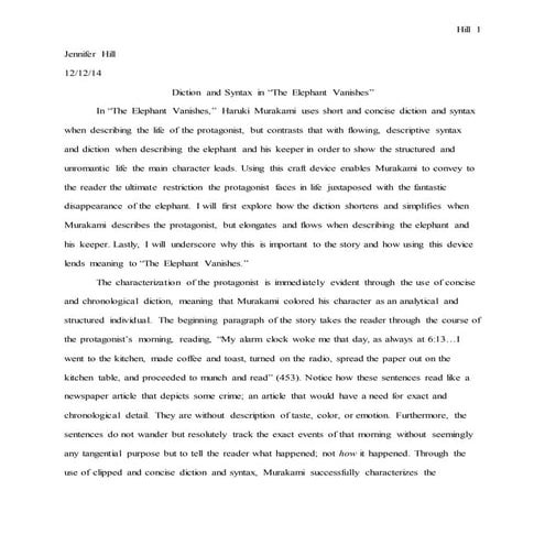Diction and Syntax in Murakami's 'The Elephant Vanishes'