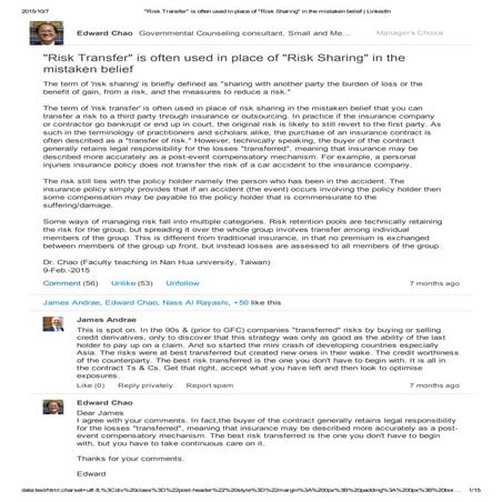 Dr. Chao top contributor - Risk Transfer is often used in place of Risk Sharing