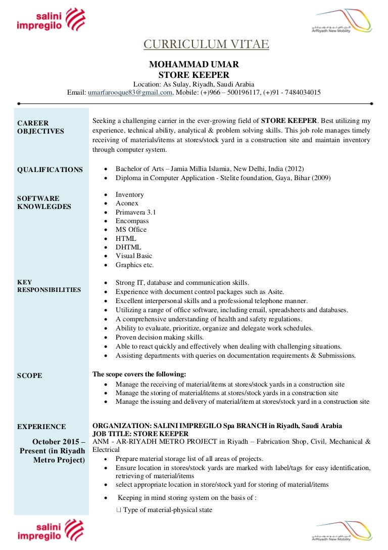 Curriculum Vitae Store Keeper 28 12 2016