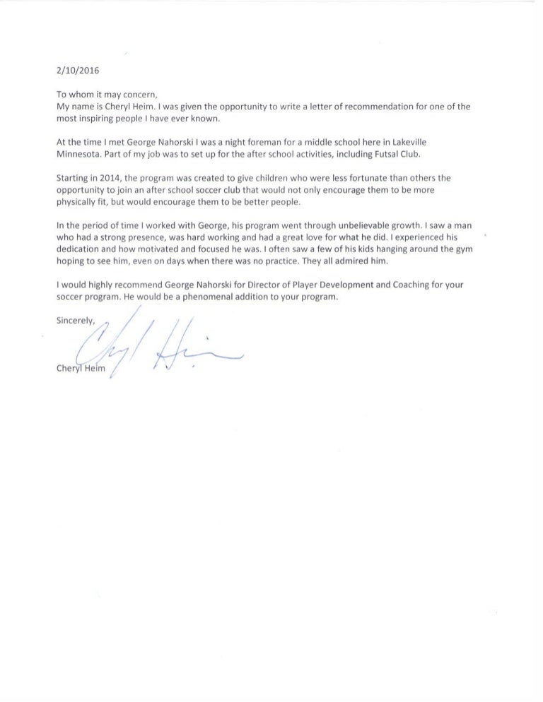 Cheryl Heim Letter of Soccer